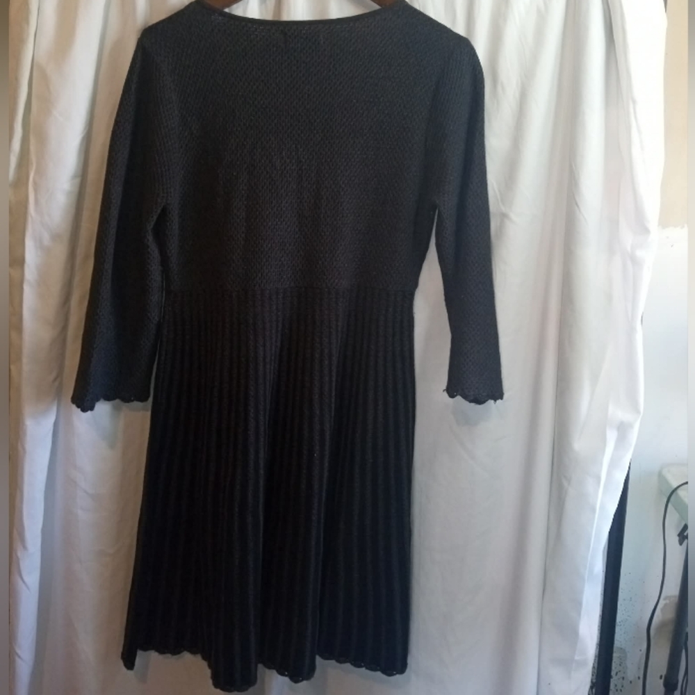 Calvin Klein Black Textured Knit Pleated Midi Dress Large Retro Vintage Academia - Picture 3 of 6